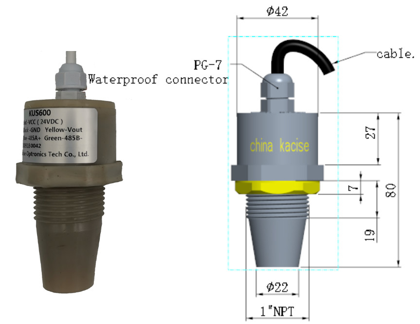 PVDF 5m 초음파 수위 측정기 5V RS485 출력 액체 레벨 센서 KUS600